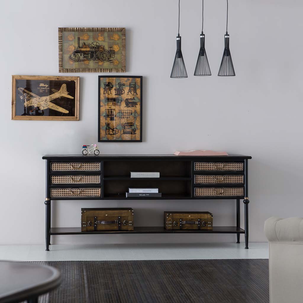 MUEBLE TV ALKA DE METAL MARRÓN CON 6 CAJONES Y HUECO CENTRAL image 0