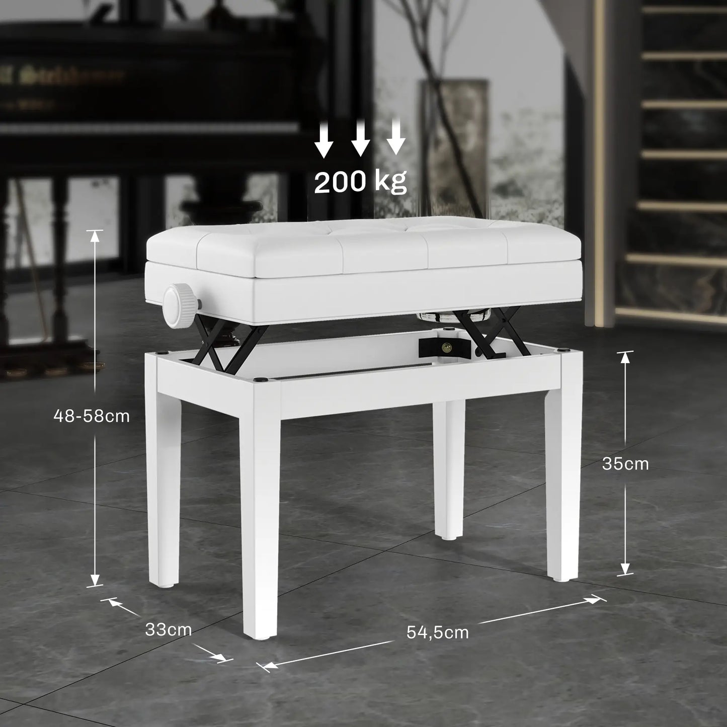 BANQUETA DE PIANO HARMONY LIFT BLANCA AJUSTABLE CON ALMACENAJE image 2