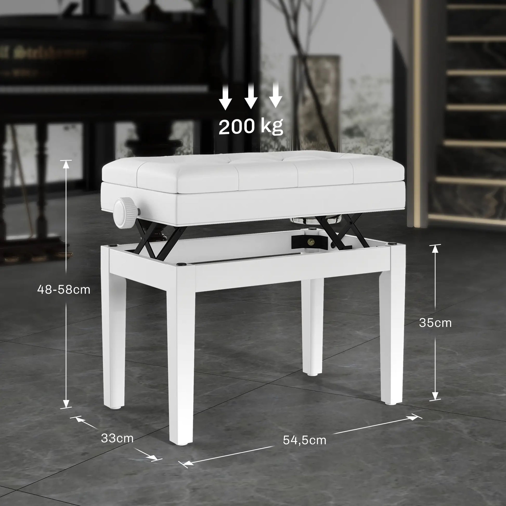 BANQUETA DE PIANO HARMONY LIFT BLANCA AJUSTABLE CON ALMACENAJE image 2