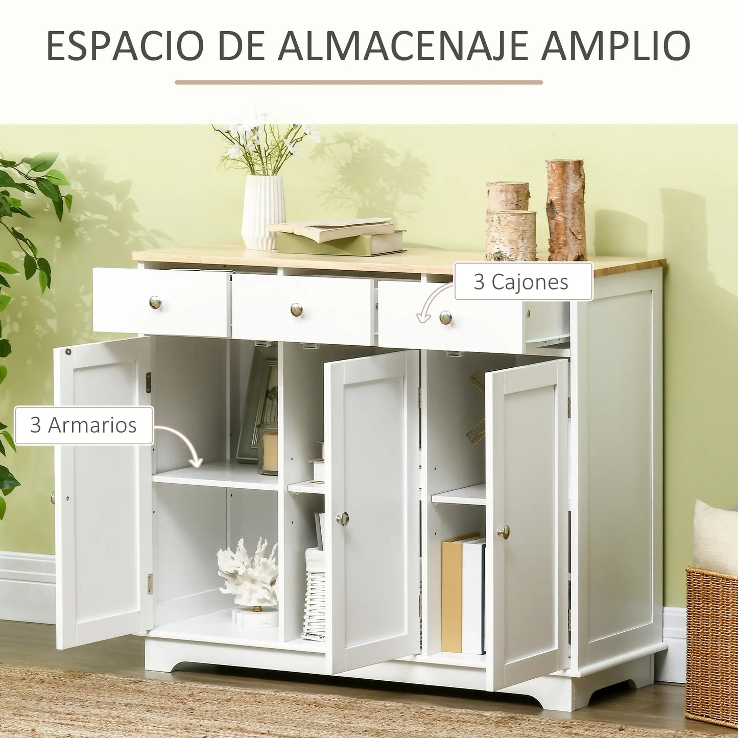 APARADOR DE COCINA BLANCO MODERNO CON 3 CAJONES Y 3 ARMARIOS image 3