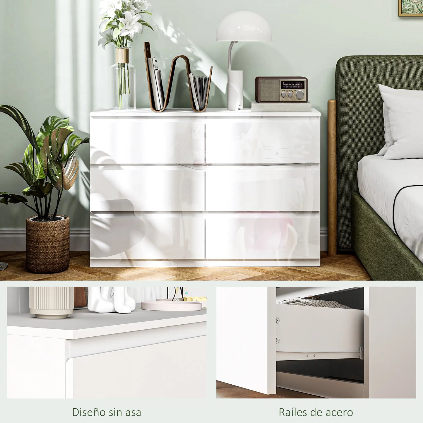 CÓMODA DE DORMITORIO ARLUXA SIX CON 6 CAJONES · ESTILO MODERNO · BLANCO BRILLO image 2