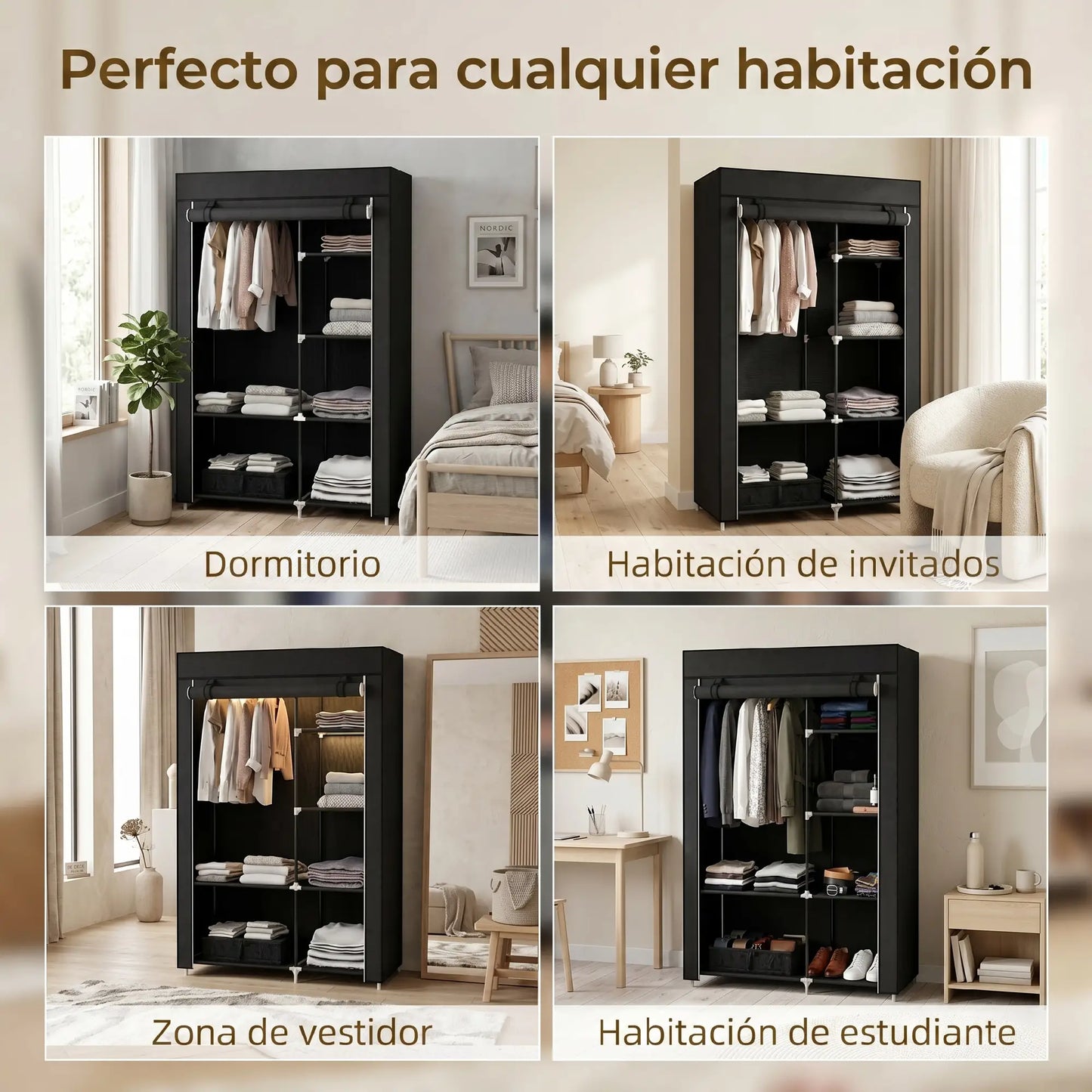 👕 ARMARIO DE TELA PLEGABLE 103 CM CON 6 ESTANTES Y BARRA PARA COLGAR – 5 COLORES