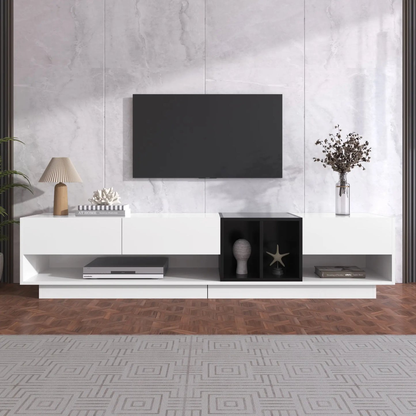 🖤🤍 MUEBLE TV “CONTRAST 190” – BLANCO Y NEGRO BRILLO · 3 CAJONES + 2 COMPARTIMENTOS · 190 CM