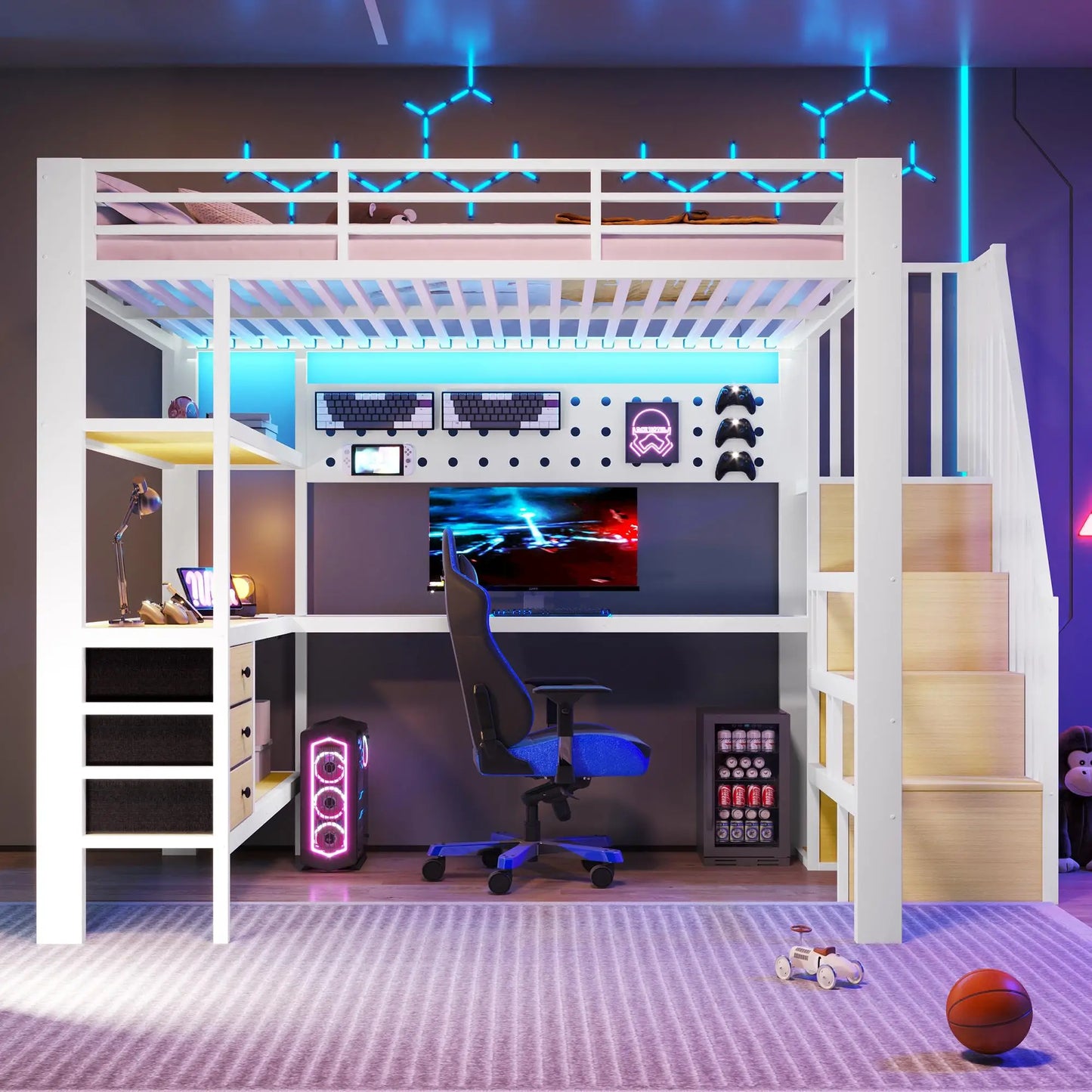 🎮 CAMA ALTA GAMER 140 × 200 CM CON ESCRITORIO, LED, ESTANTERÍAS Y 3 CAJONES | BLANCA | JAM MUEBLES