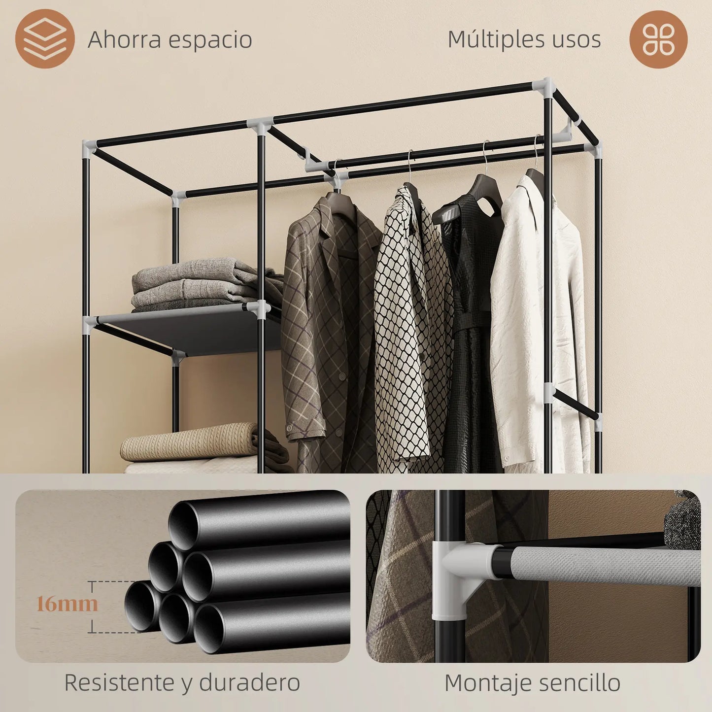👕 ARMARIO DE TELA PLEGABLE 103 CM CON 6 ESTANTES Y BARRA PARA COLGAR – 5 COLORES