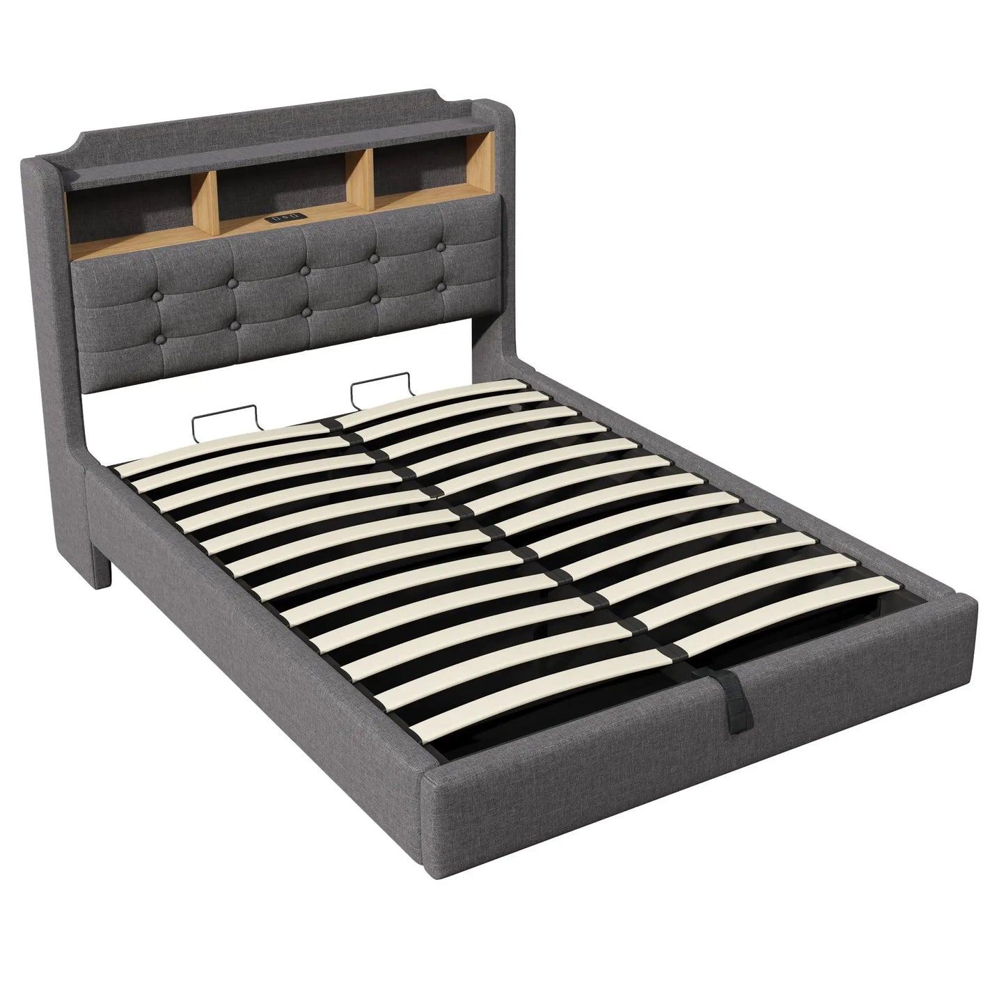 🛏️ CAMA TAPIZADA FLOTANTE 140 × 200 CM CON LED, USB Y ARCÓN HIDRÁULICO | GRIS Y BEIGE | JAM MUEBLES