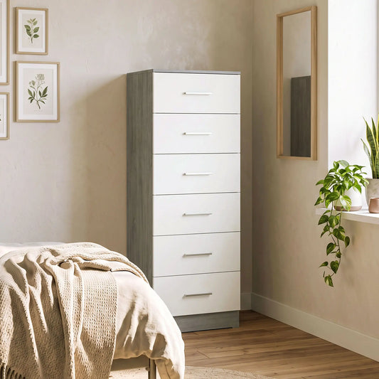 🤍 CÓMODA NORDIC TALL 6C – 6 CAJONES GRIS CLARO Y BLANCO