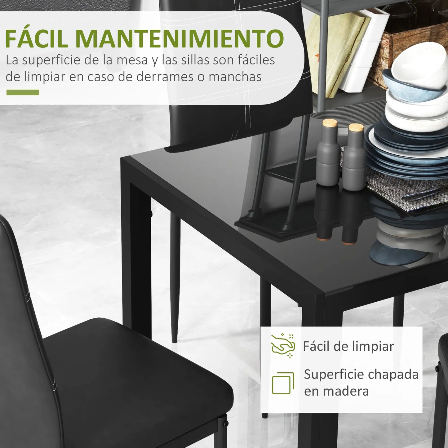 🖤 Conjunto de Comedor CRISTALIA 120 cm – Mesa Cristal + 4 Sillas