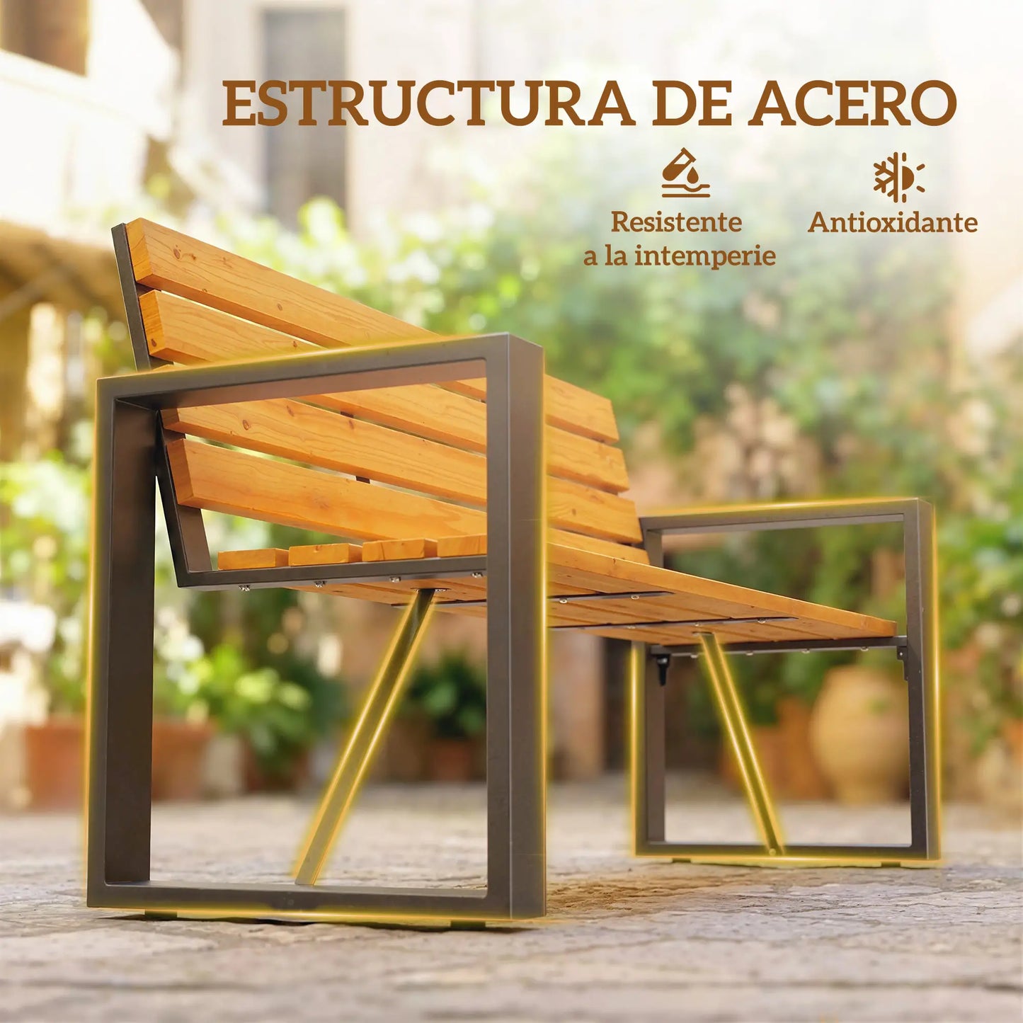 🌿 Banco de Jardín Modelo Timber Line 2 Plazas Madera Natural y Acero