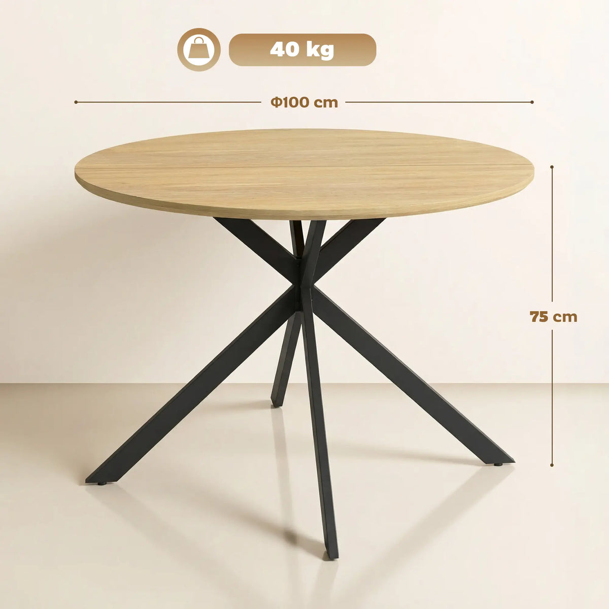🍽️ MESA DE COMEDOR INDUSTRIAL OAK CROSS 100 – REDONDA ROBLE CON PATAS METÁLICAS NEGRAS PARA 4 PERSONAS