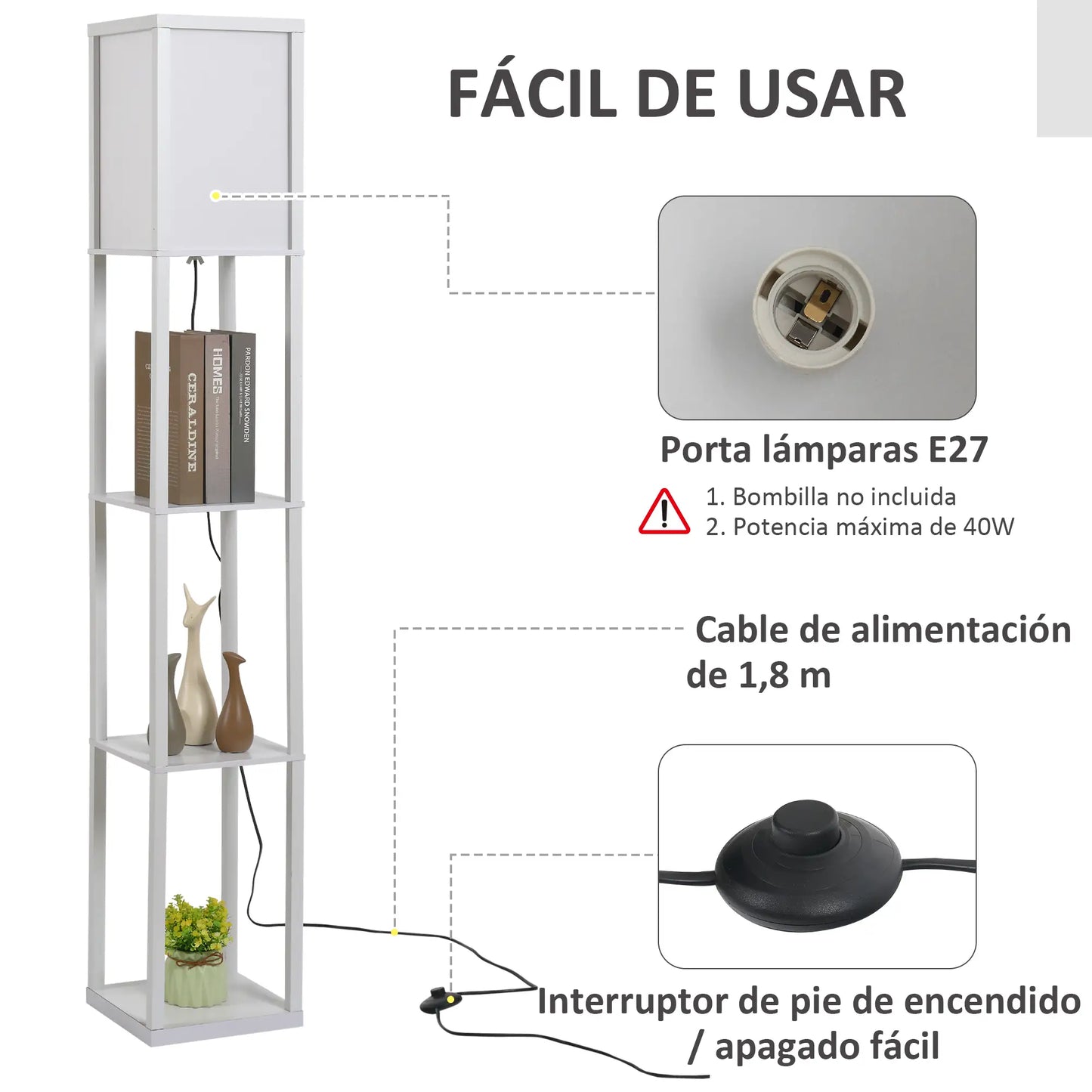 💡 Lámpara de Pie con Estantería de 3 Baldas – Moderna con Pantalla de Acrílico Color Blanco