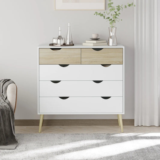 🤍 CÓMODA NORDIC OAK 5C – 5 CAJONES BLANCO Y ROBLE CON PATAS DE MADERA