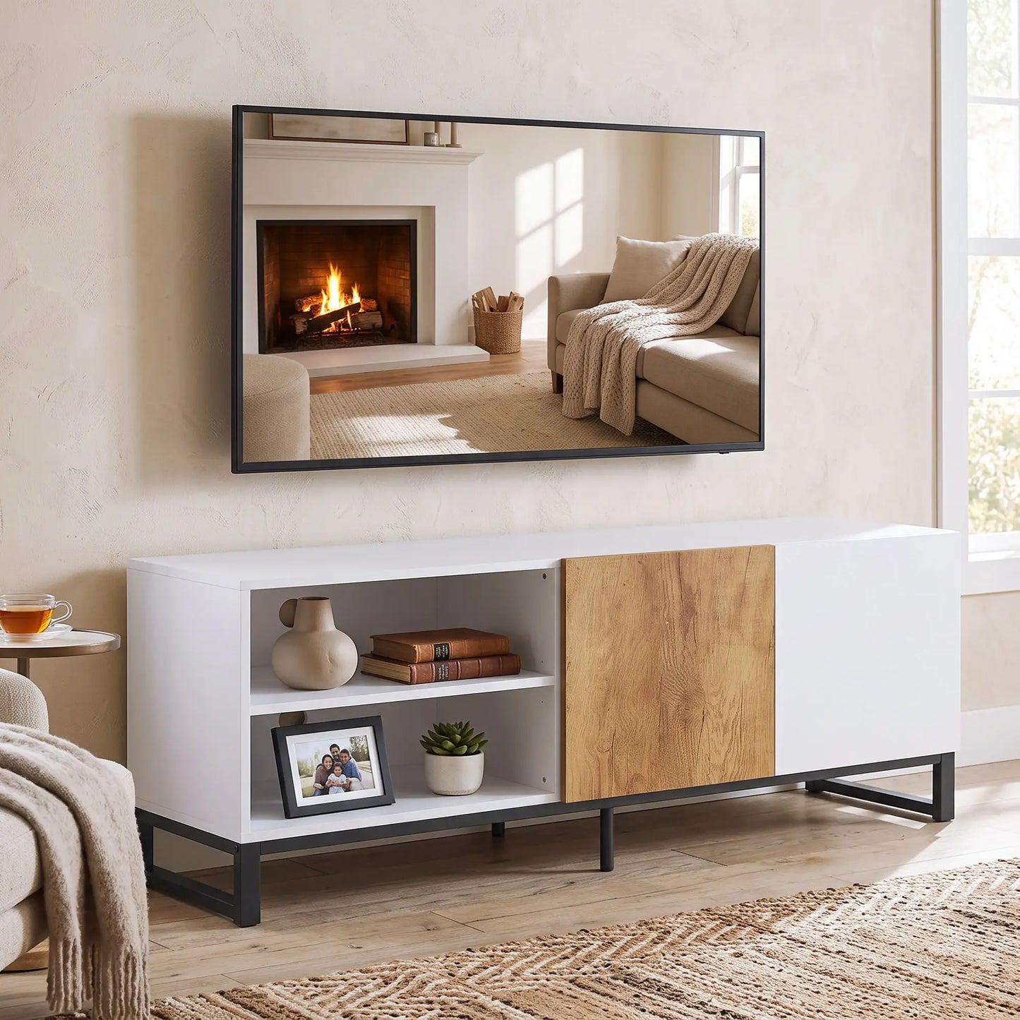 📺 Mueble TV Moderno Blanco y Roble hasta 140 cm | Estantes Ajustables | JAM MUEBLES