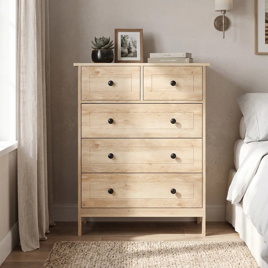 🌿 CÓMODA OAKLINE 5C – 5 CAJONES ROBLE CON TIRADORES NEGROS