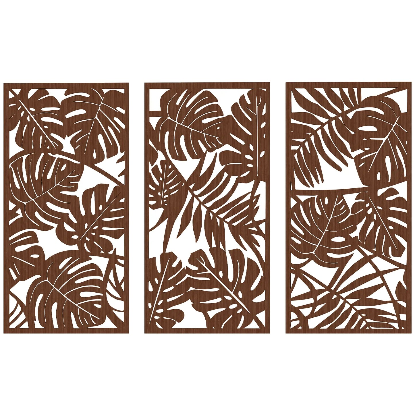 🖼️ CUADROS DECORATIVOS 3D DE PARED 3 PIEZAS 40 × 80 CM – DISEÑO DE HOJAS TROPICALES EN ACABADO NOGAL