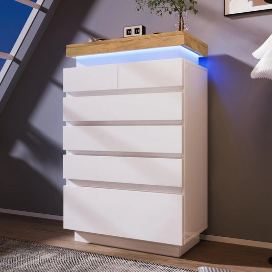 ✨ CÓMODA LED GLOSSY 6C – 6 CAJONES BLANCO BRILLO CON ILUMINACIÓN LED