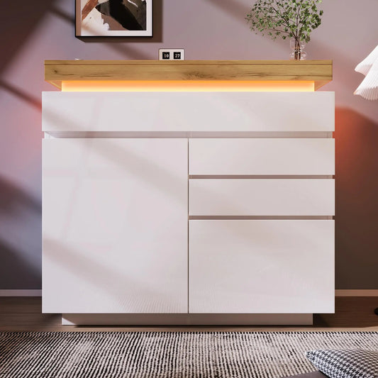 ✨ CÓMODA LED GLOSSY 2P3C – 2 PUERTAS Y 3 CAJONES BLANCO BRILLO CON ILUMINACIÓN LED