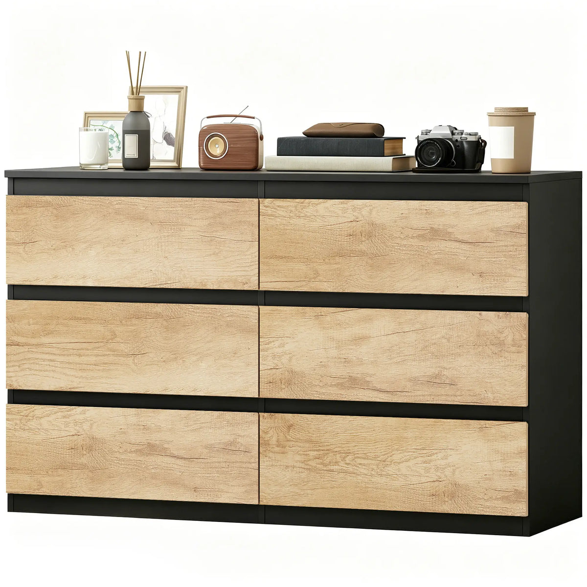🖤 CÓMODA OAK BLACK 6C – 6 CAJONES NEGRO Y ROBLE SIN TIRADORES 120 CM