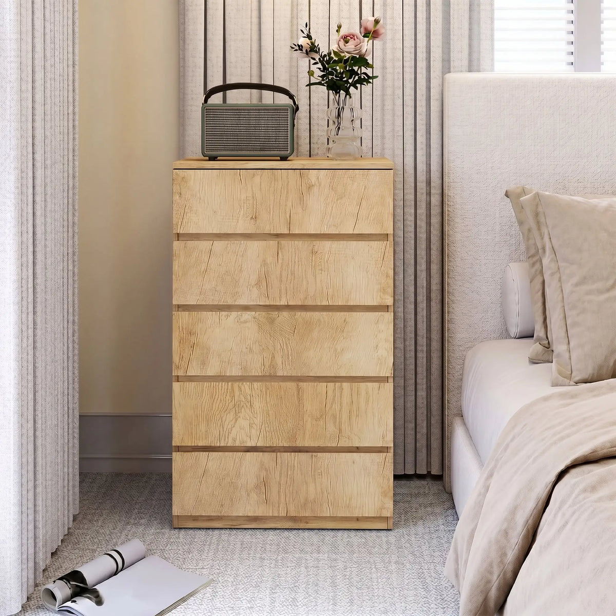 🌿 CÓMODA NATURA FIVE 5C – 5 CAJONES EN MADERA NATURAL SIN TIRADORES