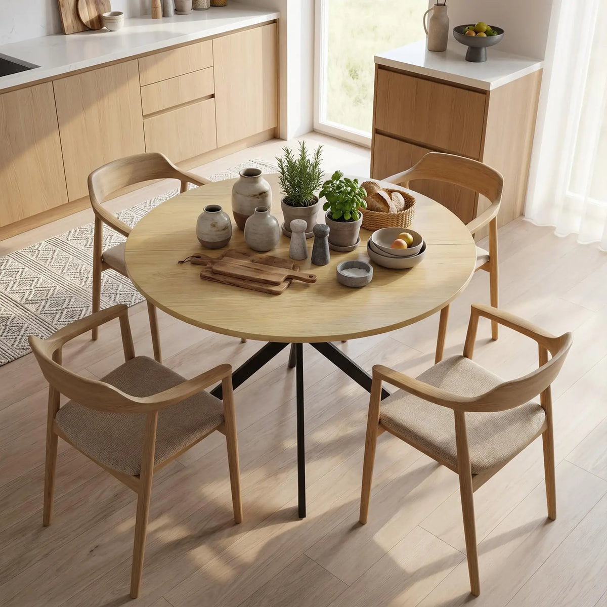 🍽️ MESA DE COMEDOR INDUSTRIAL OAK CROSS 100 – REDONDA ROBLE CON PATAS METÁLICAS NEGRAS PARA 4 PERSONAS
