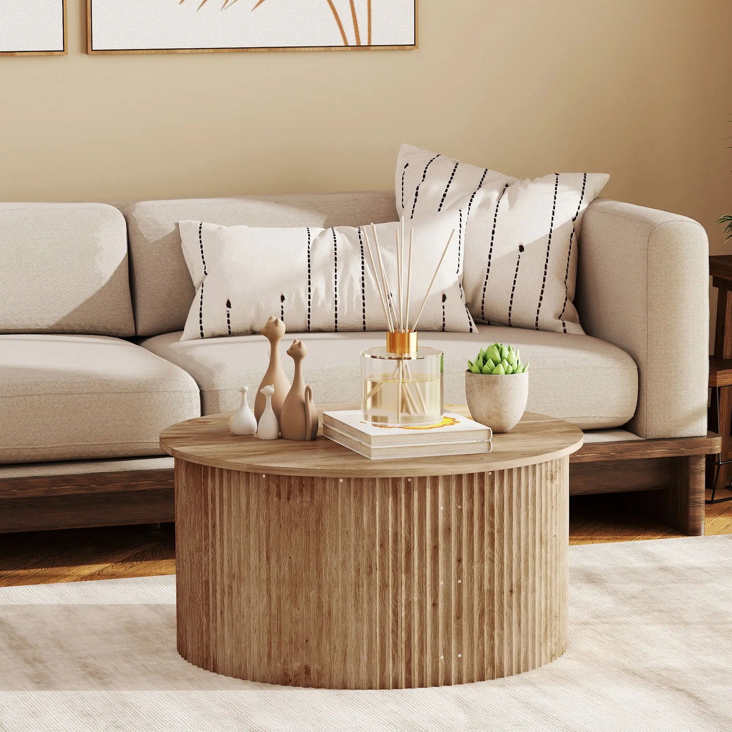 🪵 Mesa de Centro Elevable Redonda con Almacenamiento Oculto y Tablero Elevable 80 cm Madera Natural