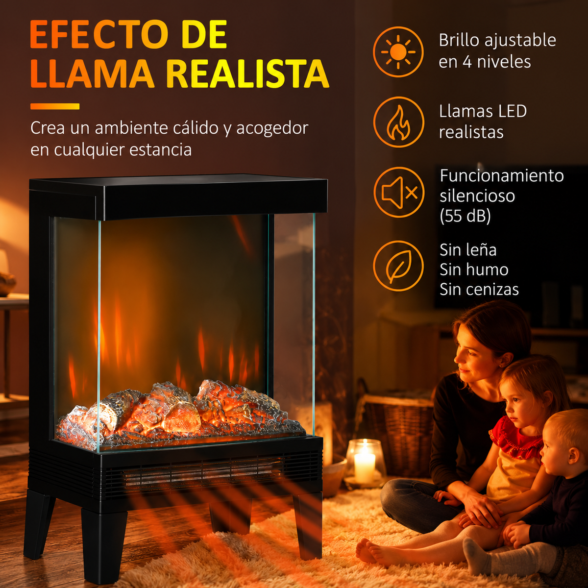 🔥 CHIMENEA ELÉCTRICA VISTA FLAME 180 – PORTÁTIL NEGRA CON LLAMA LED 180° Y CALEFACCIÓN 2000 W