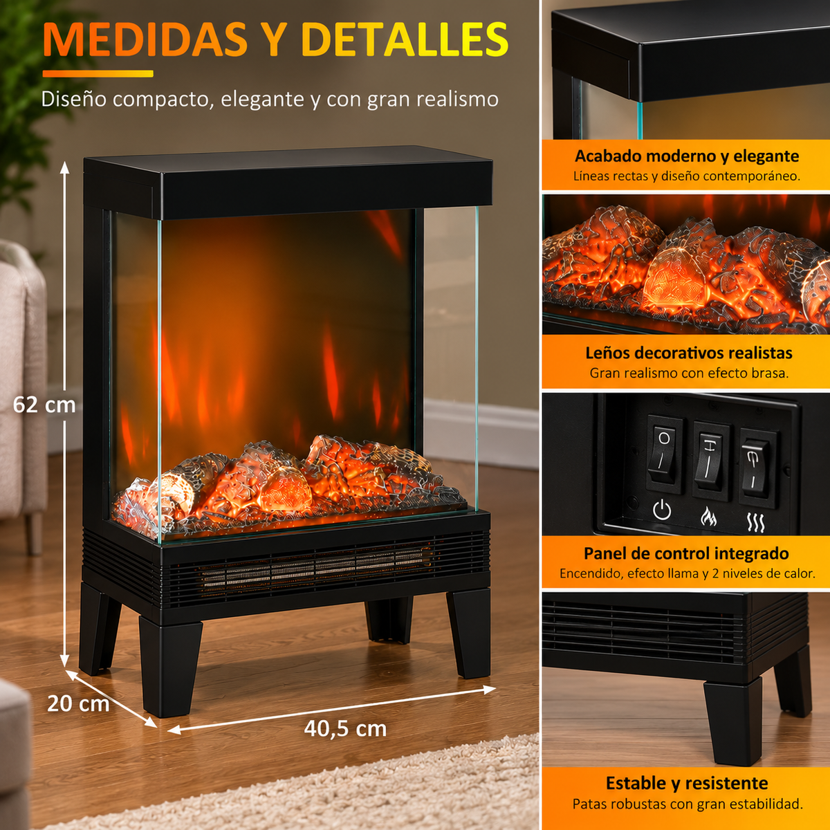 🔥 CHIMENEA ELÉCTRICA VISTA FLAME 180 – PORTÁTIL NEGRA CON LLAMA LED 180° Y CALEFACCIÓN 2000 W