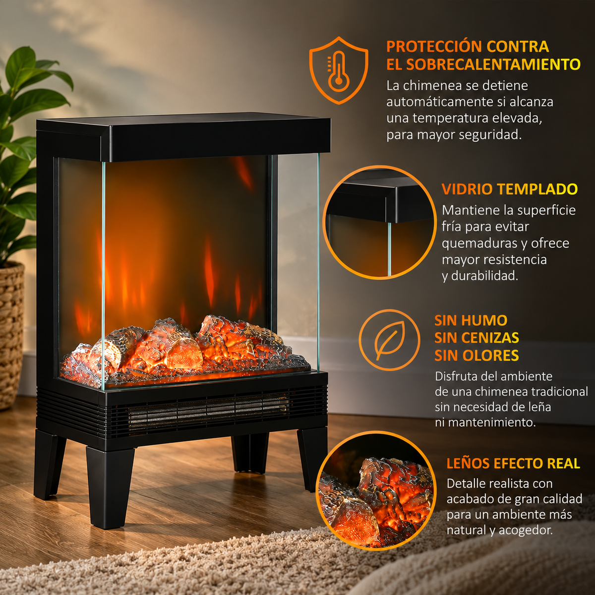 🔥 CHIMENEA ELÉCTRICA VISTA FLAME 180 – PORTÁTIL NEGRA CON LLAMA LED 180° Y CALEFACCIÓN 2000 W