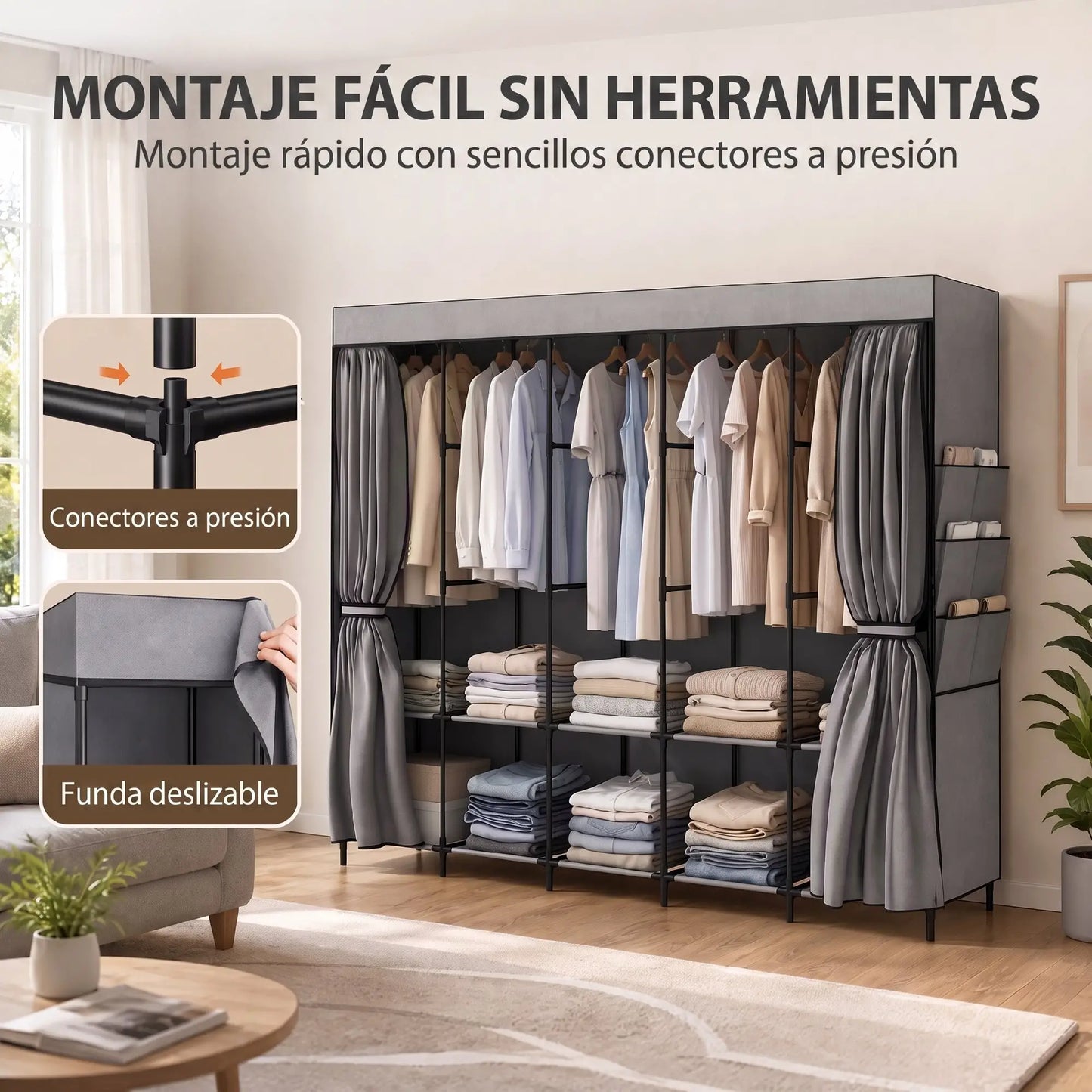 👕 ARMARIO DE TELA GRANDE 212 CM CON 5 BARRAS, 5 ESTANTES Y 6 BOLSILLOS – GRIS