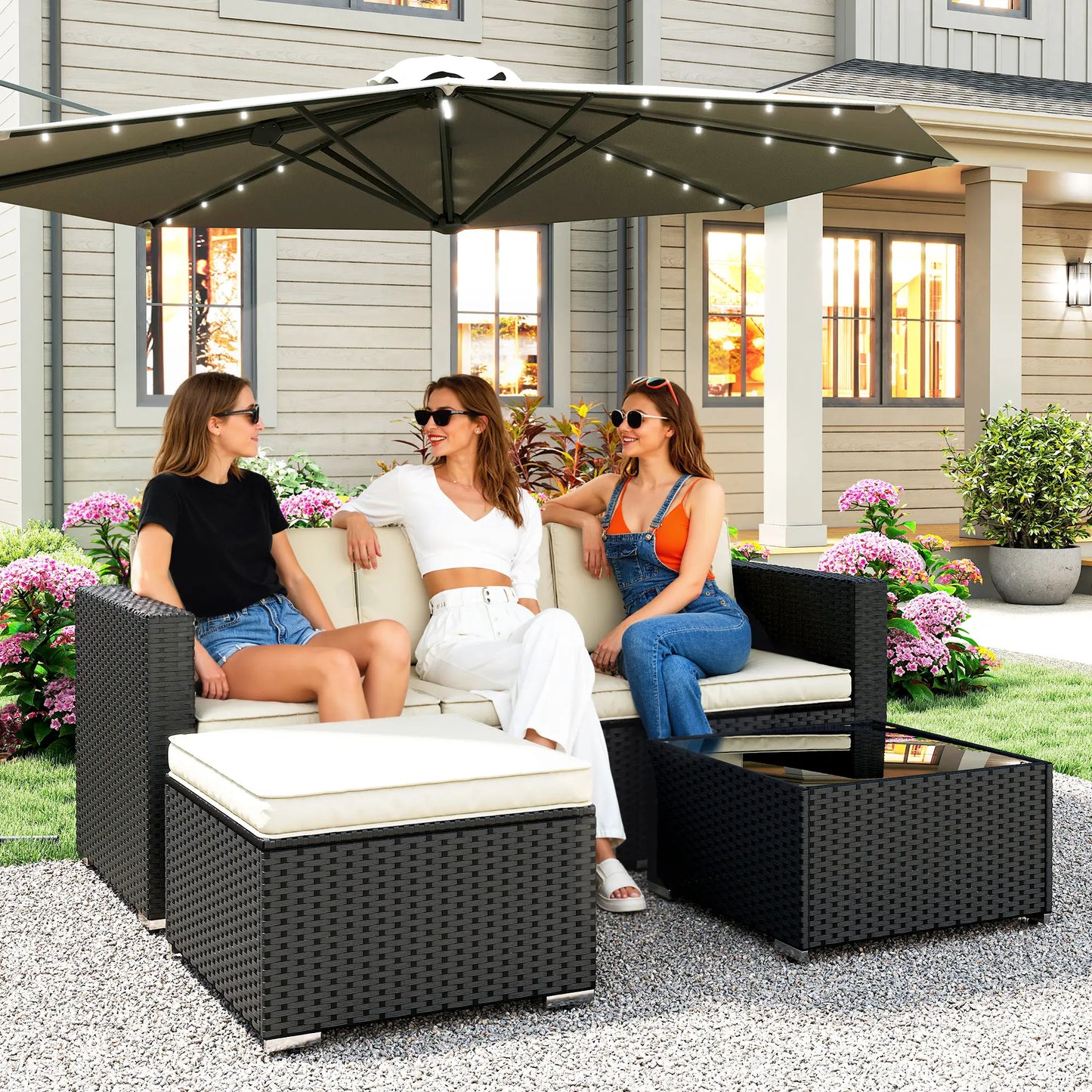 🌿 CONJUNTO DE JARDÍN BARATO 3 PIEZAS “NOIRZEN” – SOFÁ 3 PLAZAS + MESA + TABURETE