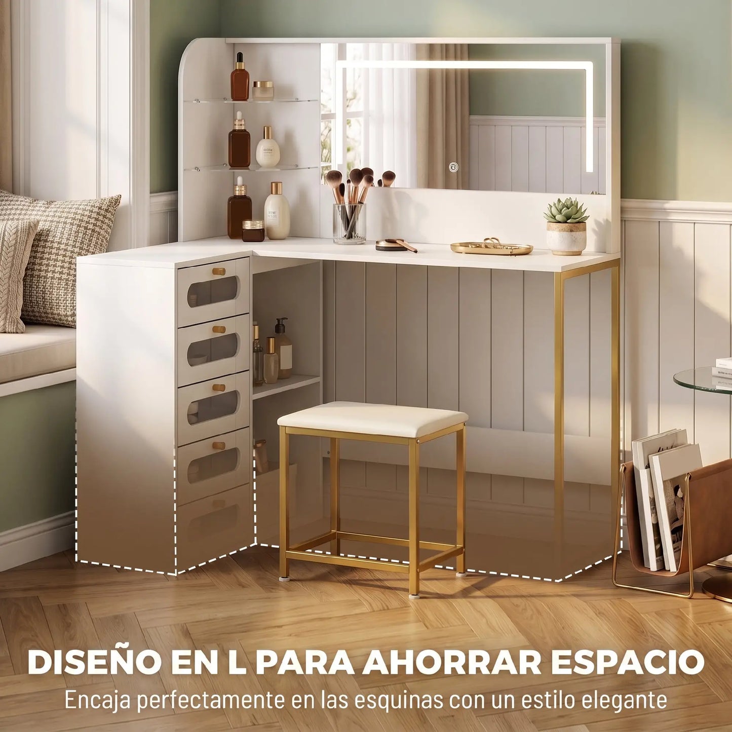 💄 TOCADOR DE MAQUILLAJE BLANCO CON ESPEJO LED, TABURETE Y 5 CAJONES