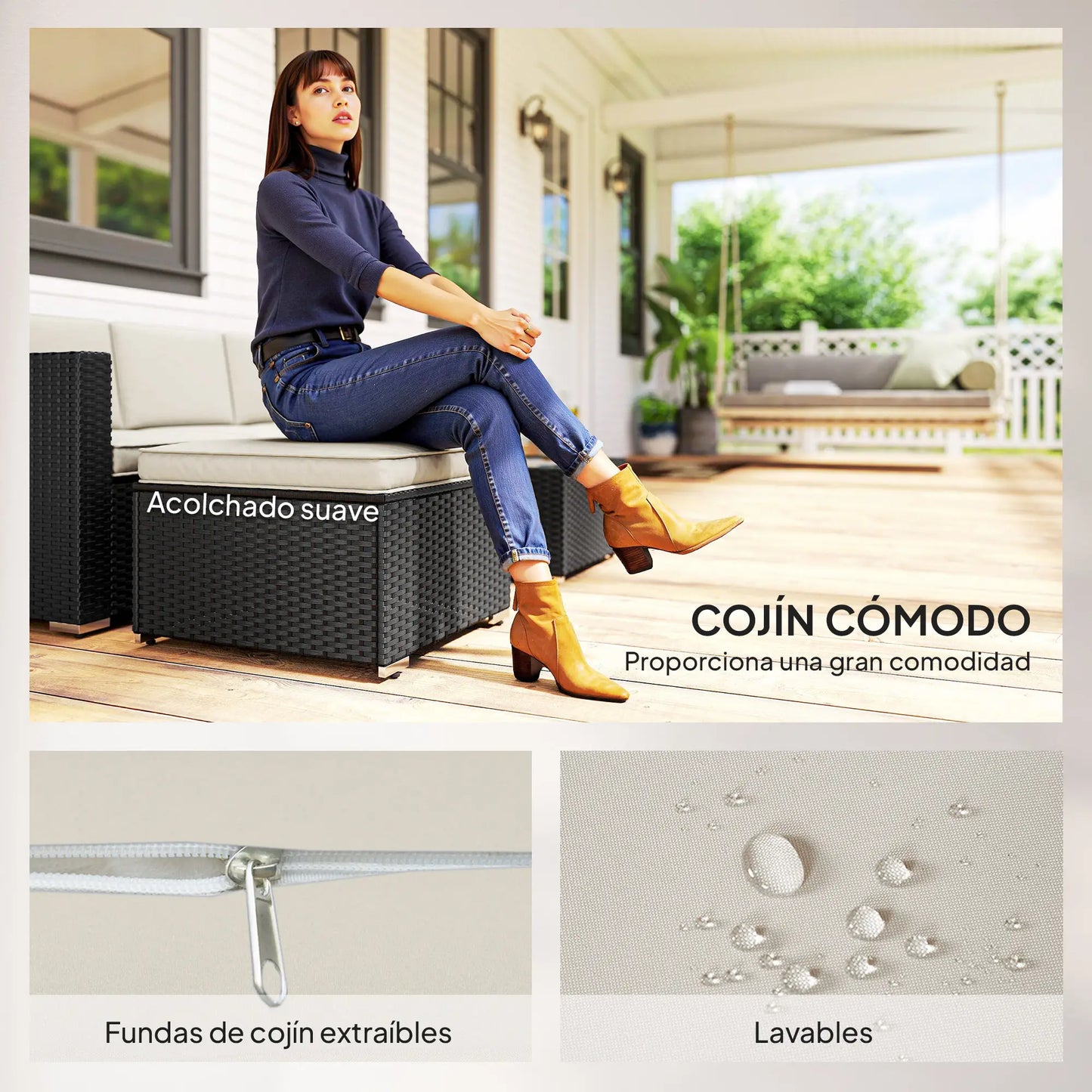 🌿 CONJUNTO DE JARDÍN BARATO 3 PIEZAS “NOIRZEN” – SOFÁ 3 PLAZAS + MESA + TABURETE
