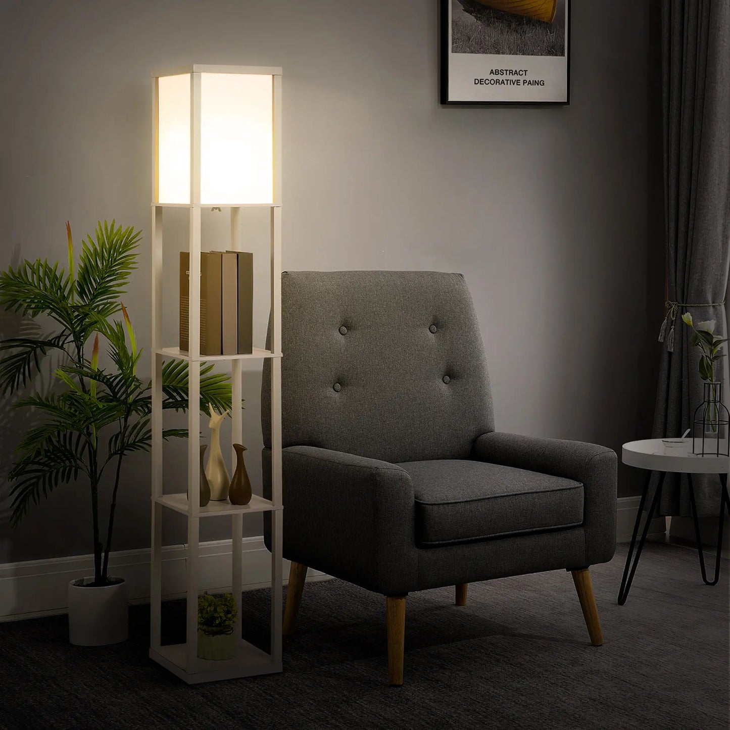 💡 Lámpara de Pie con Estantería de 3 Baldas – Moderna con Pantalla de Acrílico Color Blanco