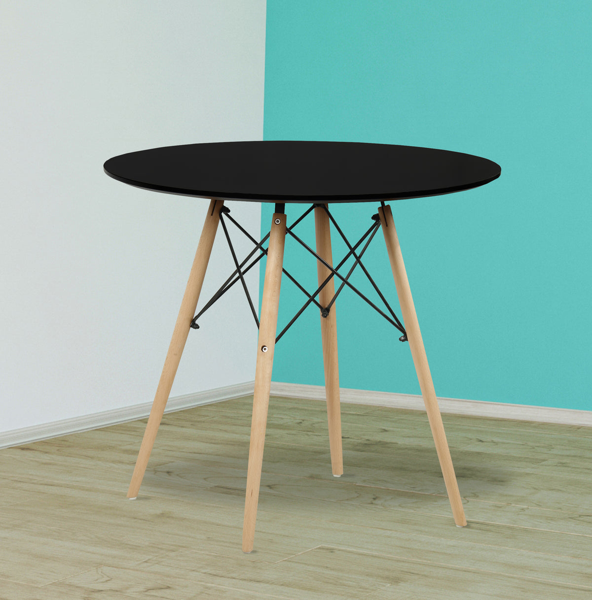 🍽️ MESA DE COMEDOR DINAMARCA REDONDA – BLANCA O NEGRA CON PATAS DE MADERA MACIZA Y ESTRUCTURA METÁLICA