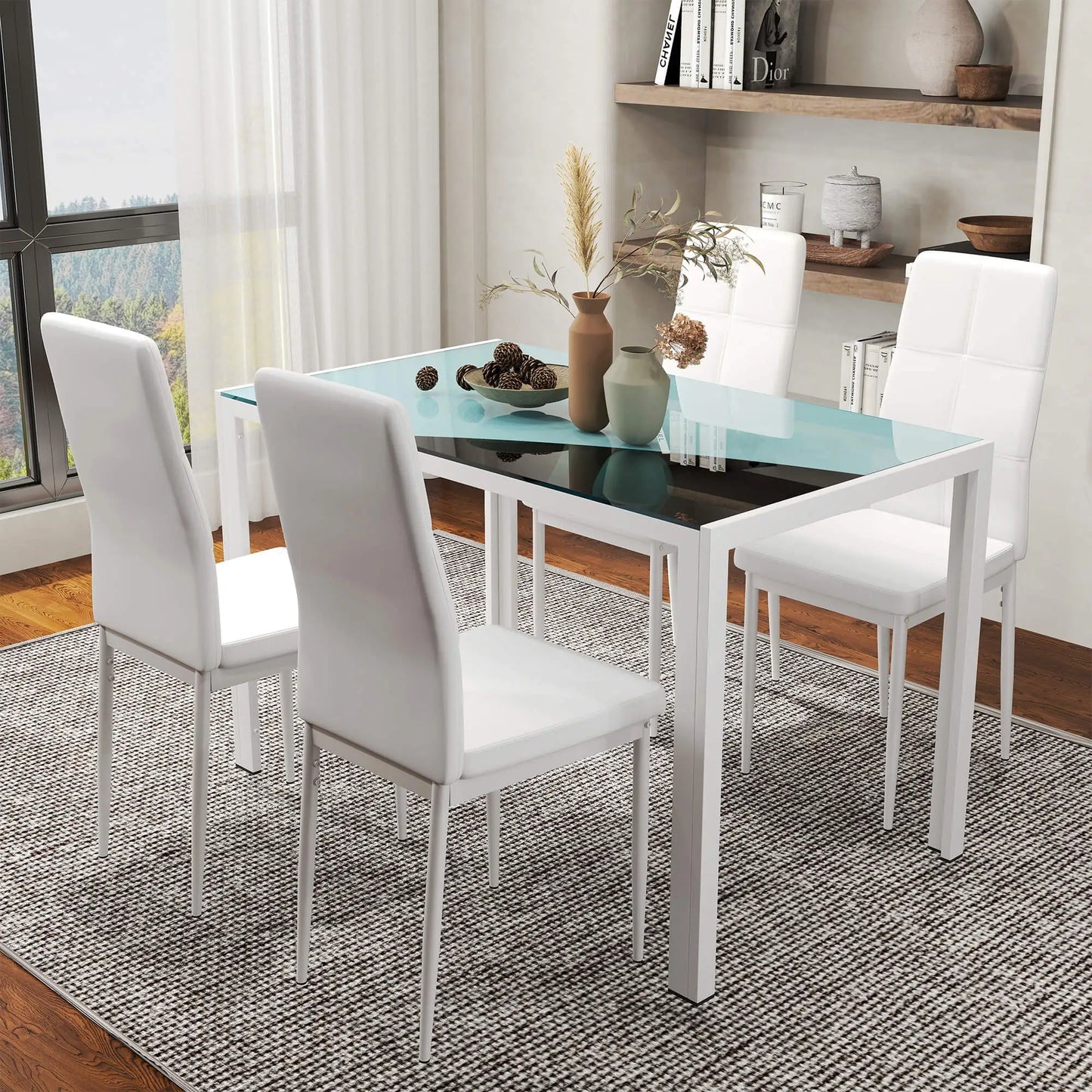 🤍 Conjunto de Comedor CRISTALIA 120 cm – Mesa Cristal + 4 Sillas Blancas