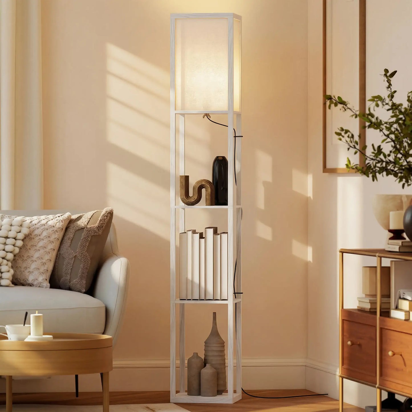 💡 Lámpara de Pie con Estantería de 3 Baldas – Moderna con Pantalla de Acrílico Color Blanco
