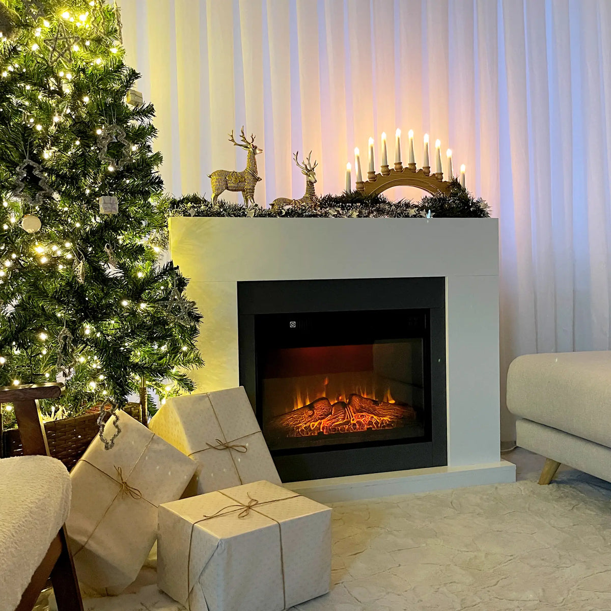 🔥 CHIMENEA ELÉCTRICA WHITE FLAME 2000 – BLANCA CON REPISA, MANDO A DISTANCIA Y LLAMA REALISTA