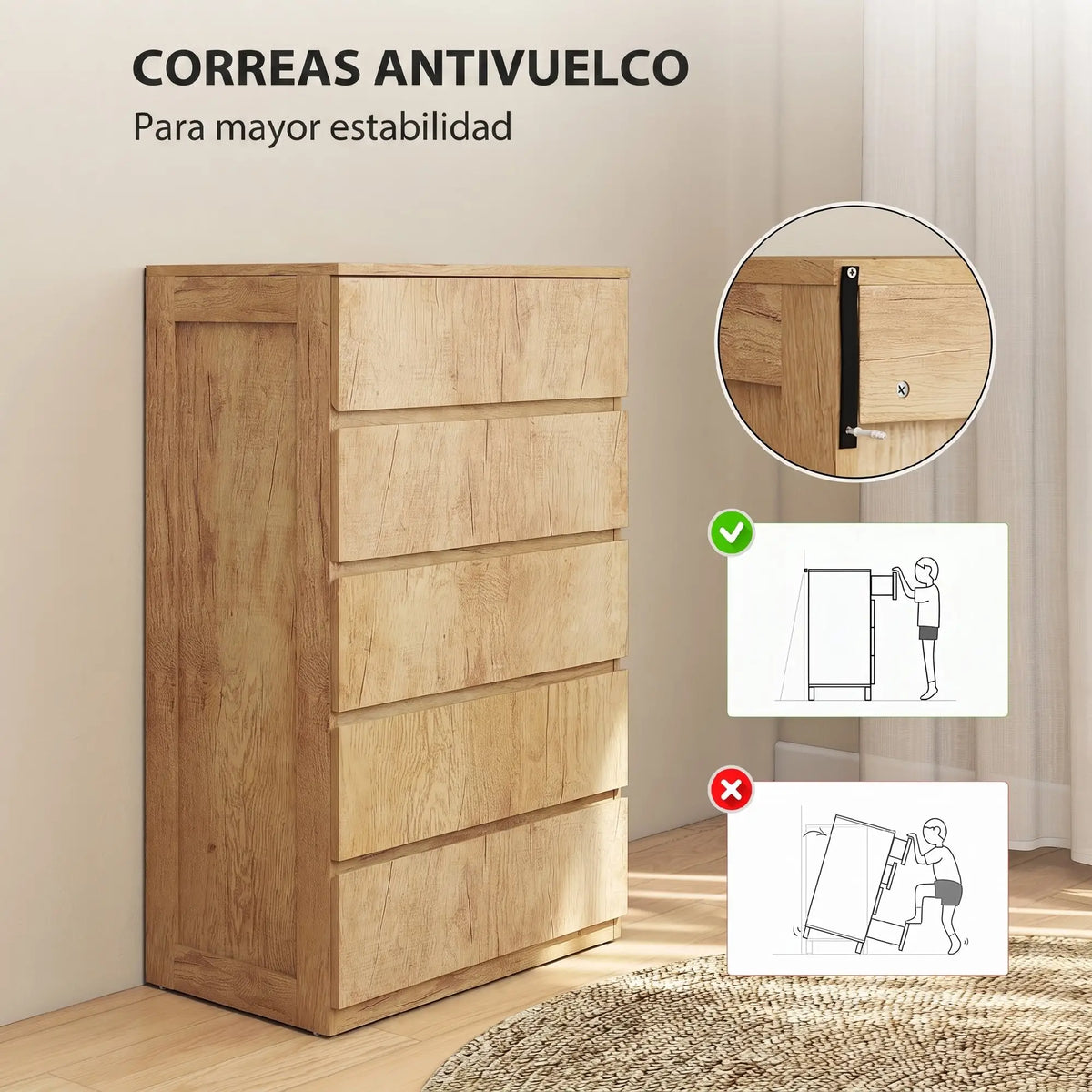 🌿 CÓMODA NATURA FIVE 5C – 5 CAJONES EN MADERA NATURAL SIN TIRADORES
