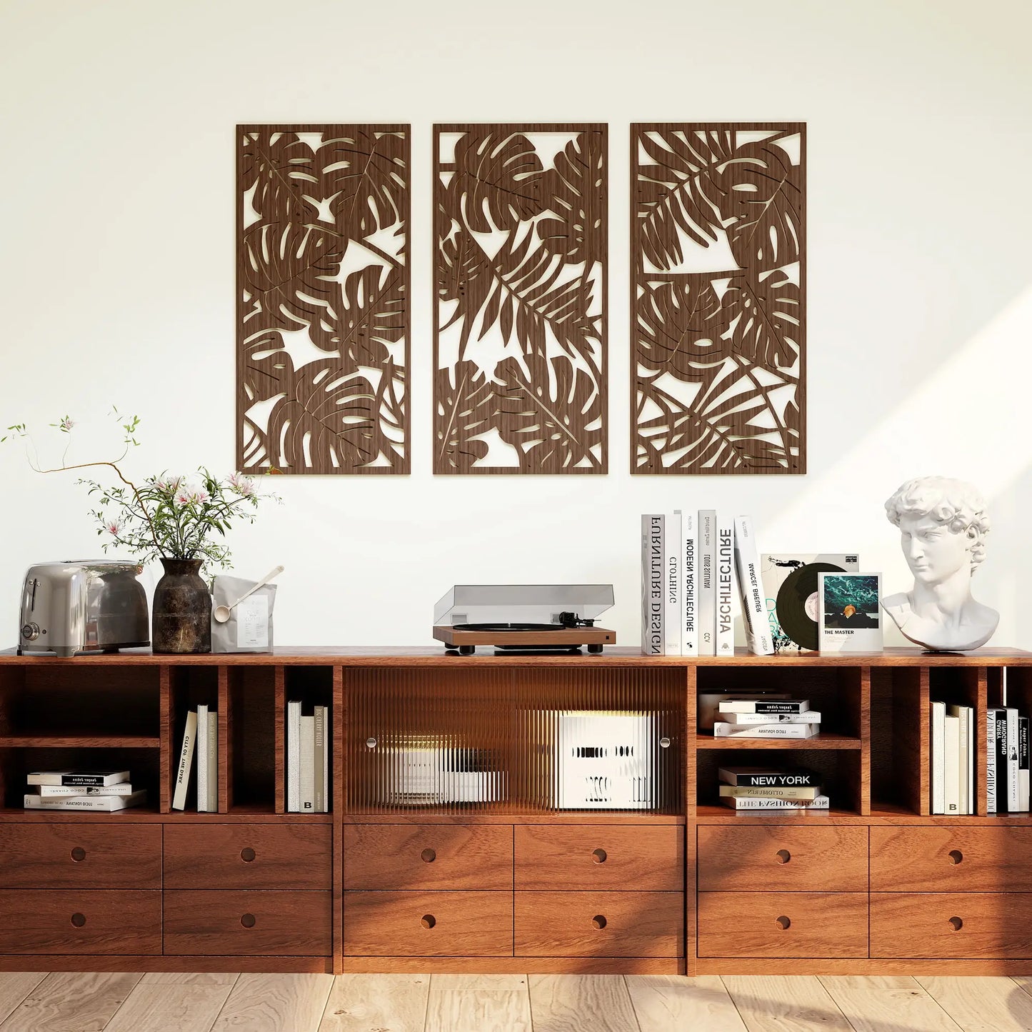 🖼️ CUADROS DECORATIVOS 3D DE PARED 3 PIEZAS 40 × 80 CM – DISEÑO DE HOJAS TROPICALES EN ACABADO NOGAL