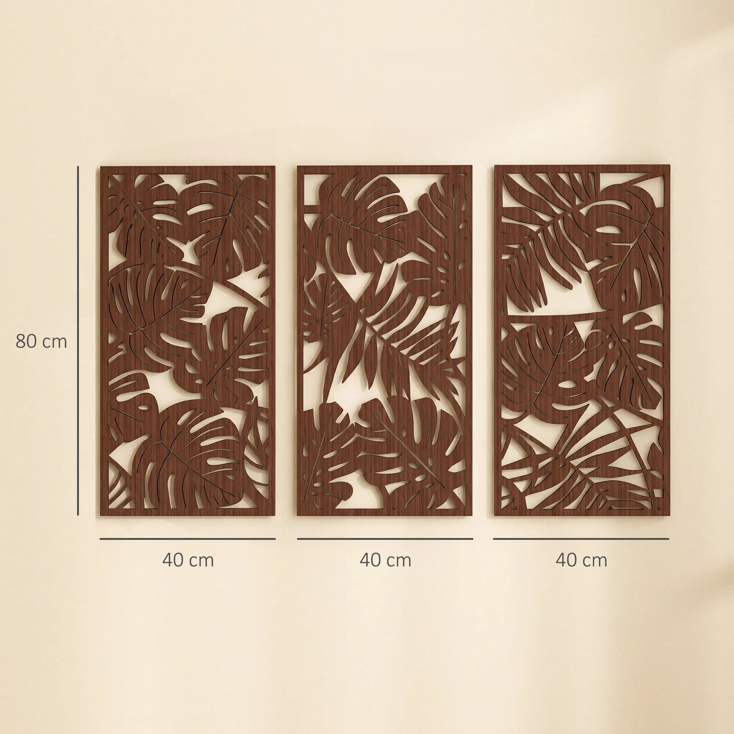 🖼️ CUADROS DECORATIVOS 3D DE PARED 3 PIEZAS 40 × 80 CM – DISEÑO DE HOJAS TROPICALES EN ACABADO NOGAL