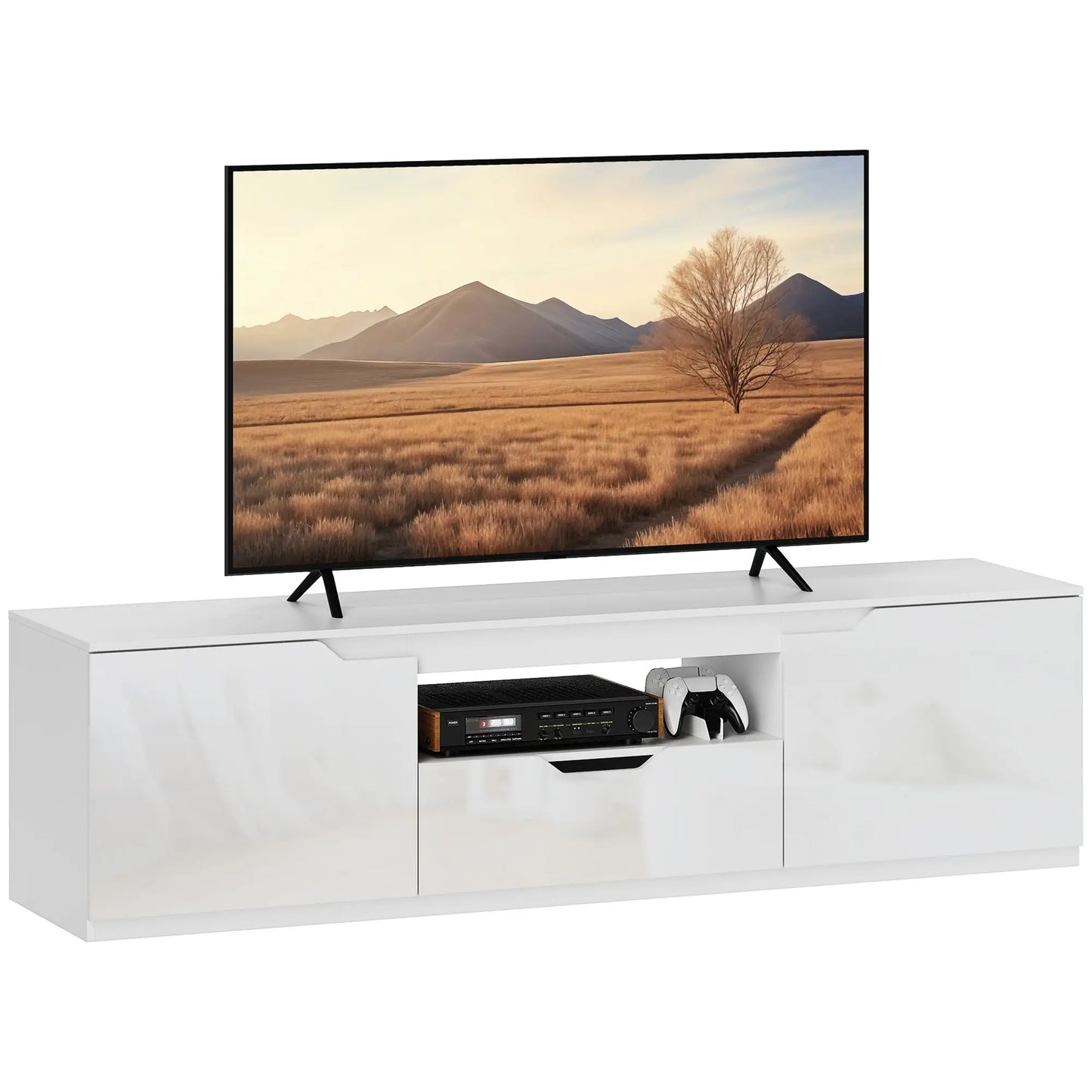📺 MUEBLE TV “GLOSS 160” – ALTO BRILLO · 2 PUERTAS + CAJÓN + HUECO ABIERTO · HASTA 65"