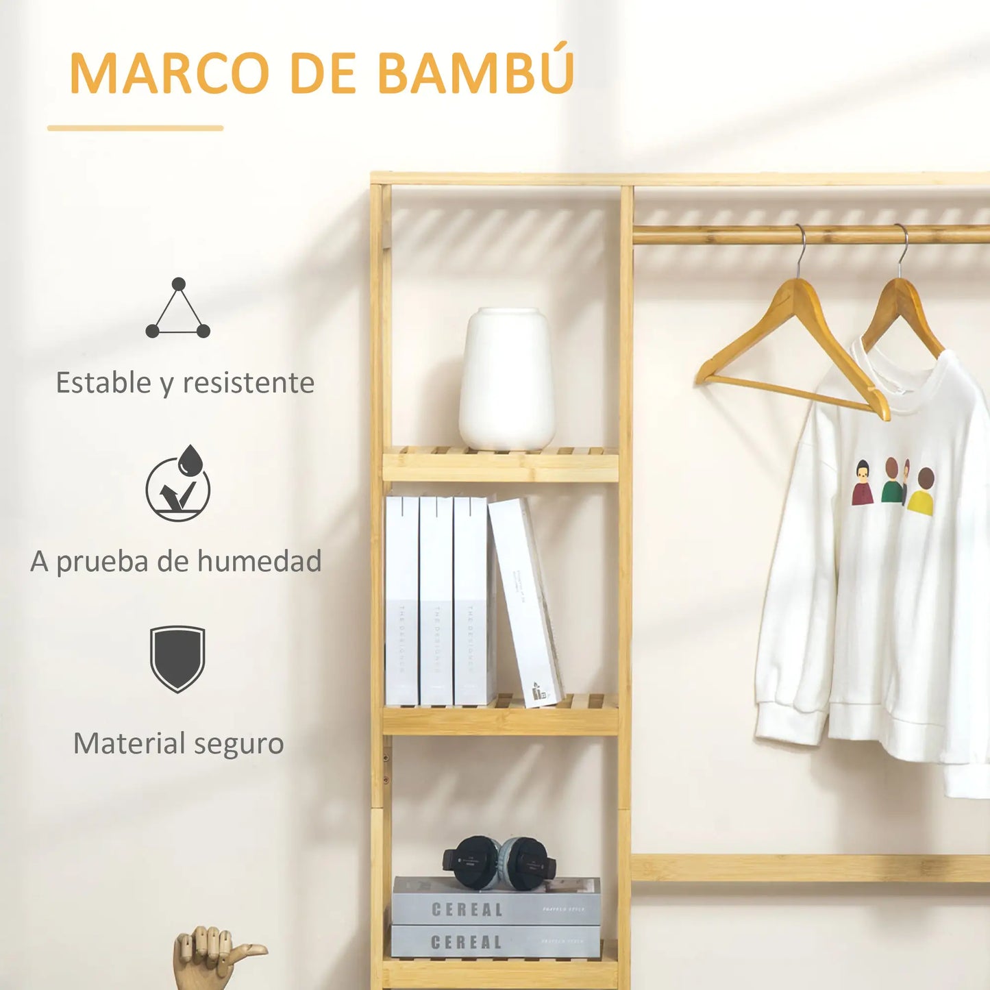 👕 PERCHERO BURRO DE BAMBÚ 90 CM CON BARRA, ESTANTES Y GANCHOS – MADERA NATURAL