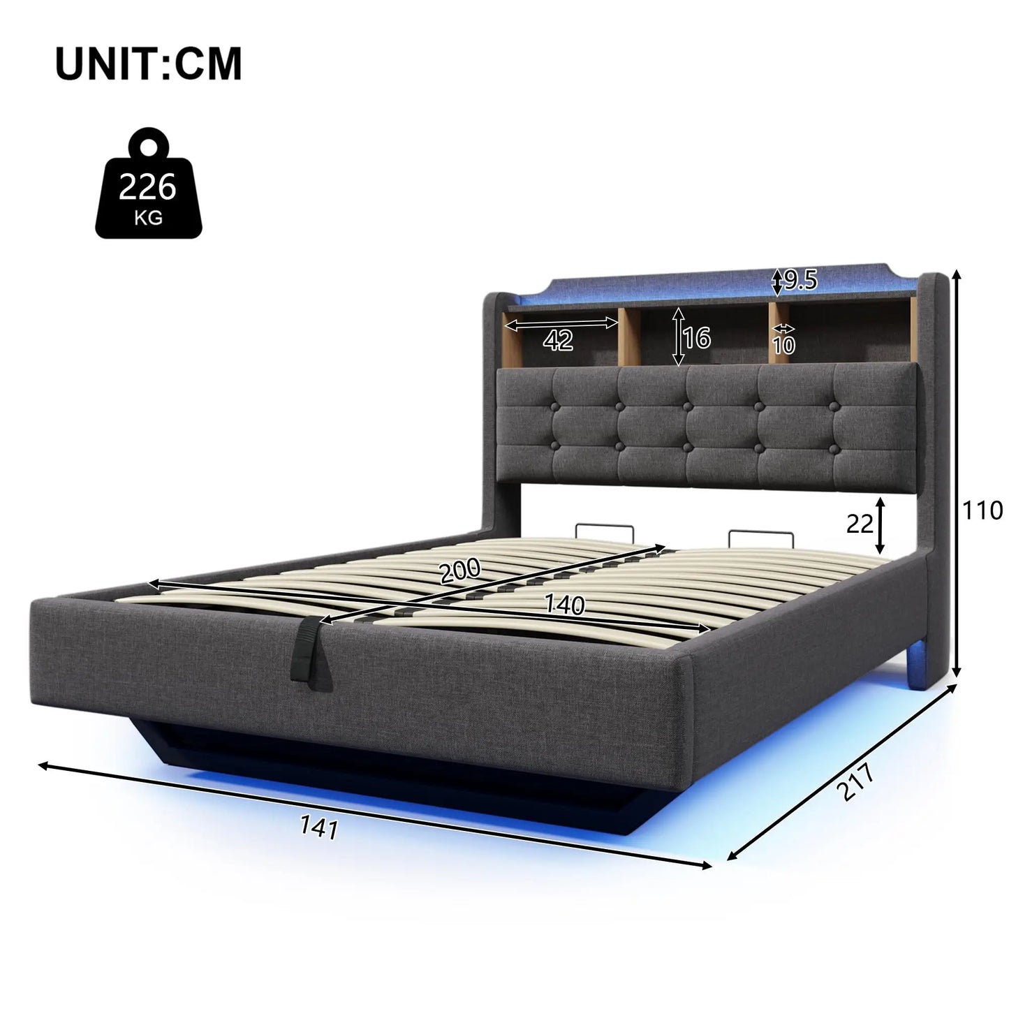🛏️ CAMA TAPIZADA FLOTANTE 140 × 200 CM CON LED, USB Y ARCÓN HIDRÁULICO | GRIS Y BEIGE | JAM MUEBLES