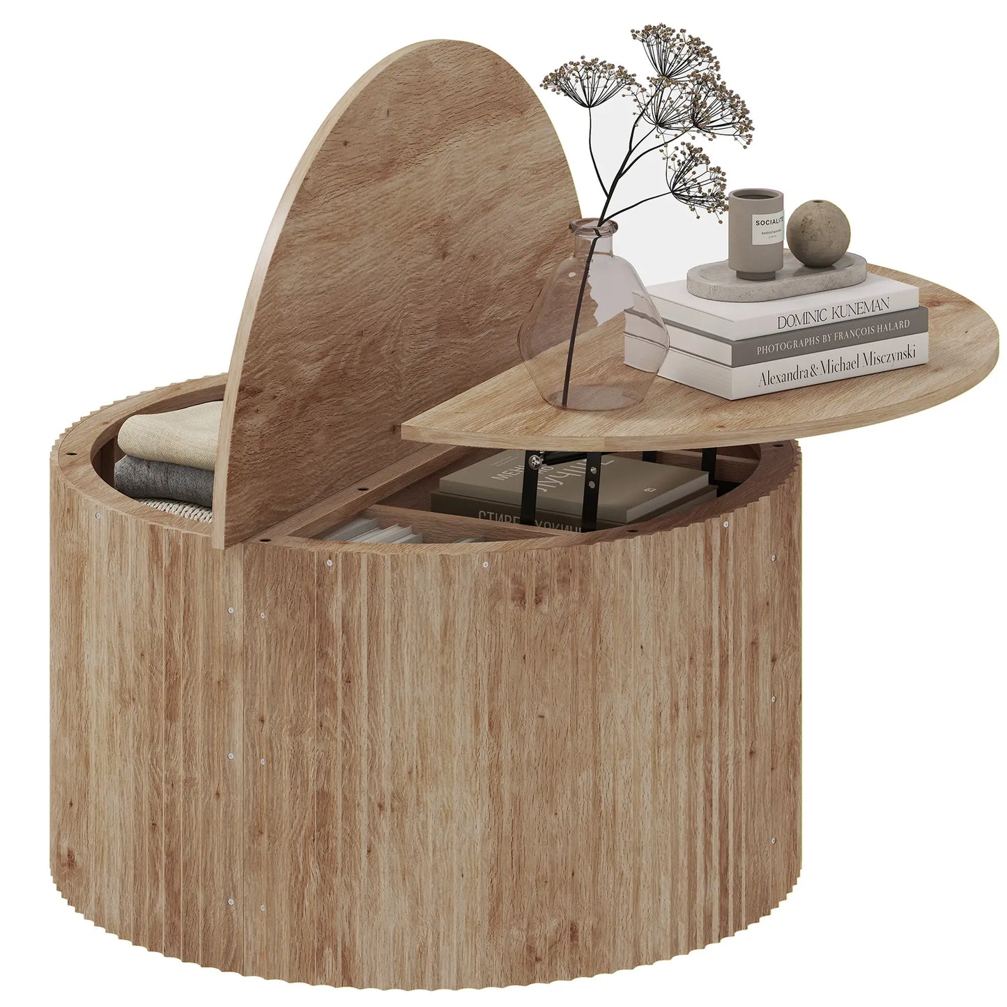 🪵 Mesa de Centro Elevable Redonda con Almacenamiento Oculto y Tablero Elevable 80 cm Madera Natural