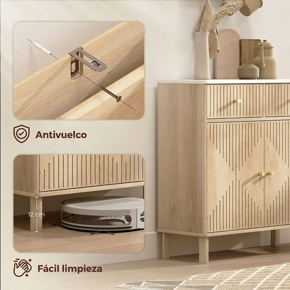 🪵 APARADOR MARBEL OAK – 2 PUERTAS Y 2 CAJONES EN ROBLE CON ENCIMERA EFECTO MÁRMOL