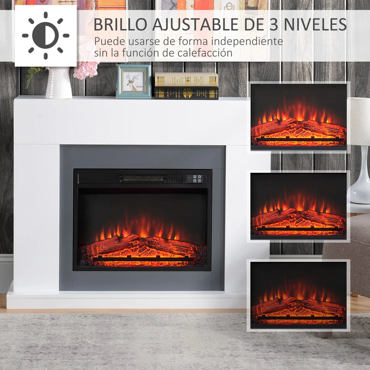 🔥 CHIMENEA ELÉCTRICA WHITE FLAME 2000 – BLANCA CON REPISA, MANDO A DISTANCIA Y LLAMA REALISTA