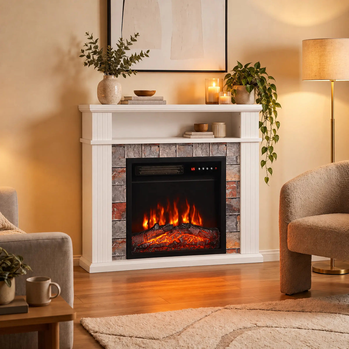 🔥 CHIMENEA ELÉCTRICA WHITE ELEGANCE 88 – BLANCA CON REPISA, EFECTO LLAMA Y CALEFACCIÓN DE 1800 W