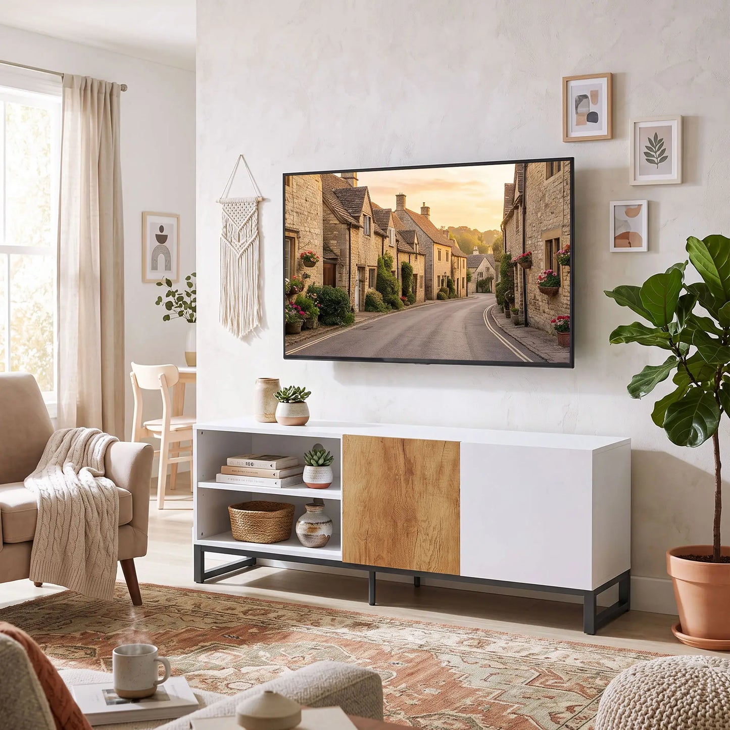 📺 Mueble TV Moderno Blanco y Roble hasta 140 cm | Estantes Ajustables | JAM MUEBLES