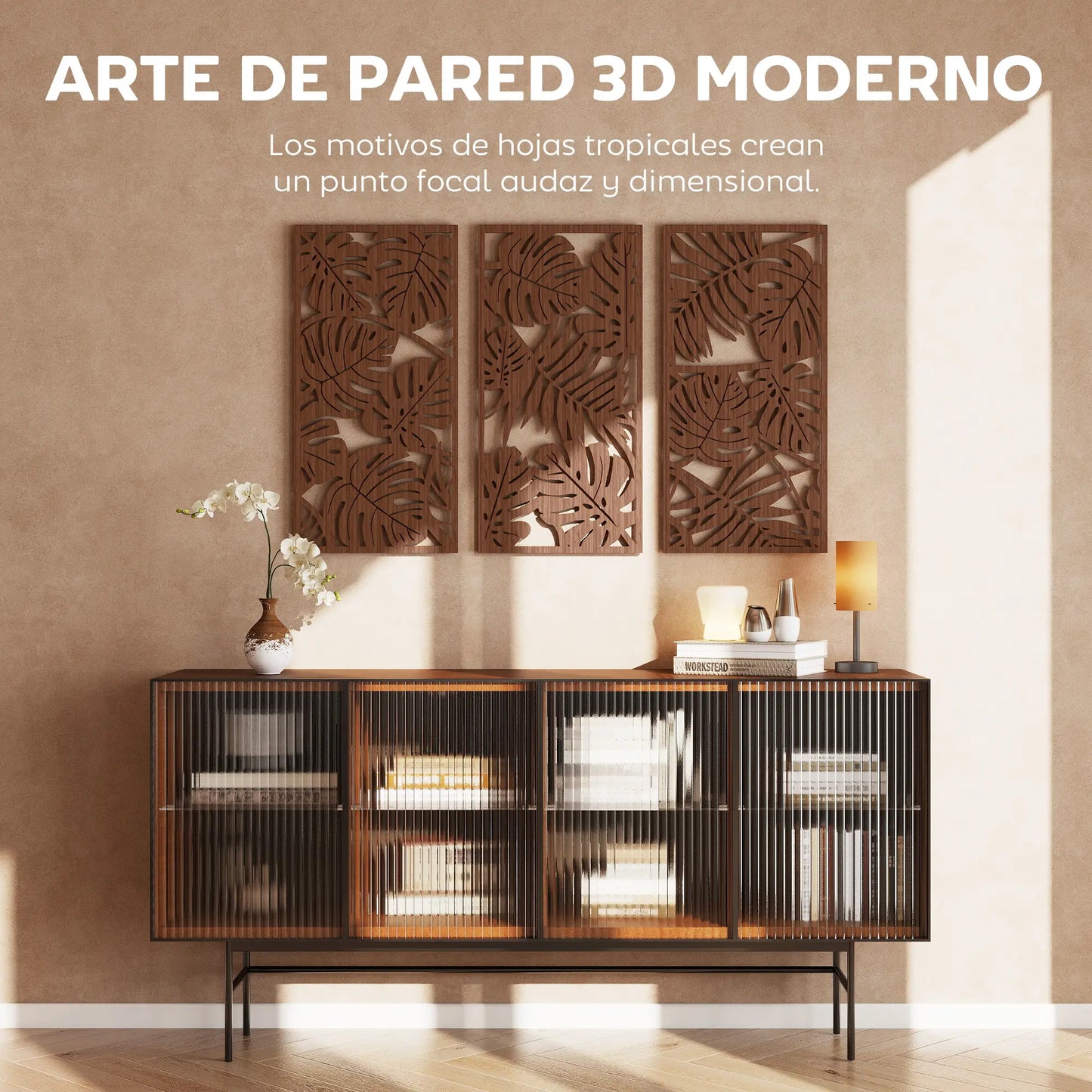 🖼️ CUADROS DECORATIVOS 3D DE PARED 3 PIEZAS 40 × 80 CM – DISEÑO DE HOJAS TROPICALES EN ACABADO NOGAL