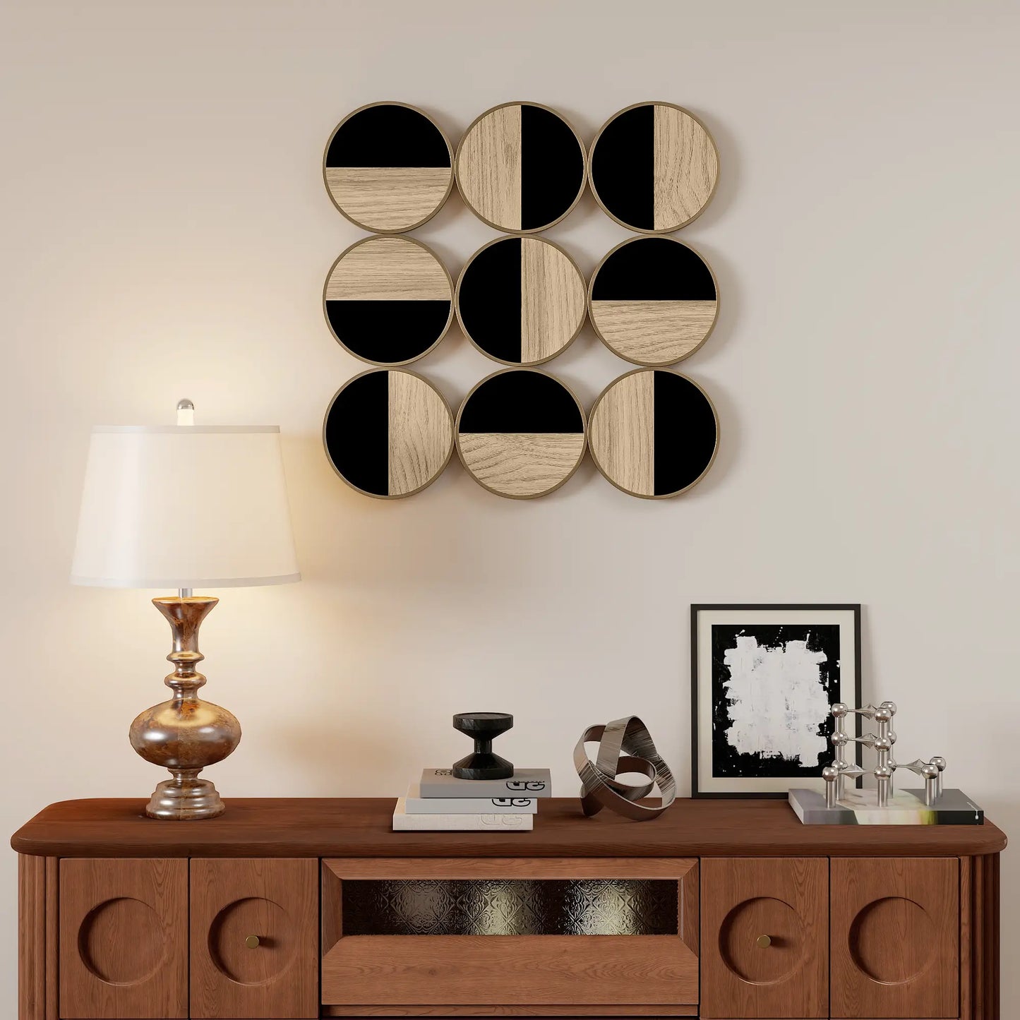 🖼️ CUADRO DECORATIVO DE PARED GEOMÉTRICO 3D 60 × 60 CM – DISEÑO MODERNO CON EFECTO MADERA, ESPEJO Y NEGRO